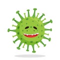 Emoji coronovirus covid-19 with a kind smile, shy. Green round with spikes. Isolated vector illustration